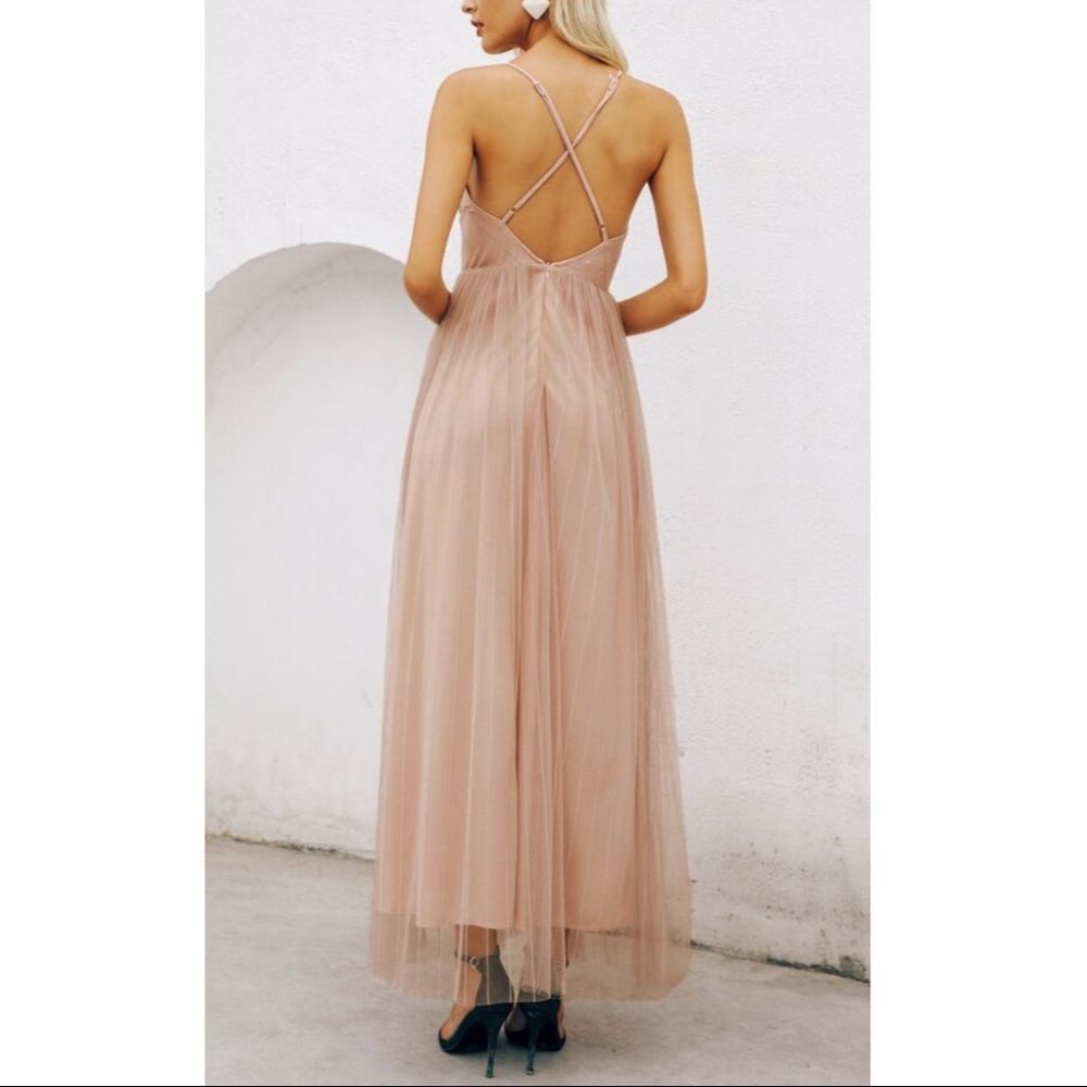🆕SIMPLEE Surplice Split Thigh Mesh Midi Dress w/ Criss Cross Open Back in Blush - Picture 7 of 16